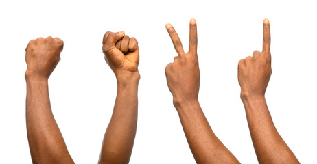 A sequence of four hands making different gestures against a neutral background, including a fist, a raised index finger, and a two-finger sign. conveys communication, counting, or or sign language.