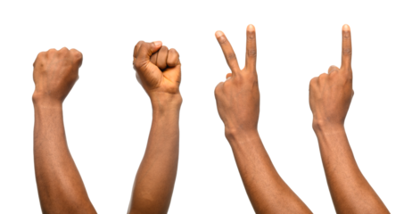 A sequence of four hands making different gestures against a neutral background, including a fist, a raised index finger, and a two-finger sign. conveys communication, counting, or or sign language.