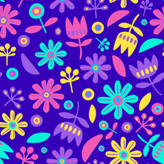 Vector seamless floral pattern, simple forms flowers, neon colours doodle flowers on dark background, pattern for kids