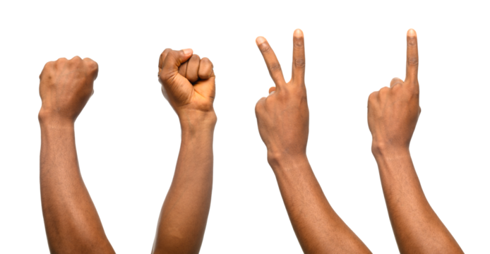 A sequence of four hands making different gestures against a neutral background, including a fist, a raised index finger, and a two-finger sign. conveys communication, counting, or or sign language.