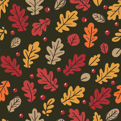 Seamless pattern with autumn oak leaves in red, beige, yellow and orange. Perfect for wallpaper, gift paper, textile, greeting cards.