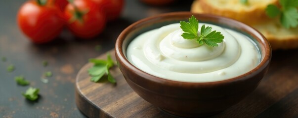 Sour cream and mayonnaise yogurt in a small bowl on a table, condiment, table, sour cream