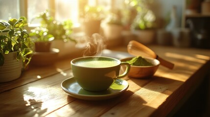 Fototapeta premium Freshly Brewed Matcha Tea in Cozy Kitchen with Sunlight