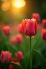Obraz premium Soothing tulip garden at dawn with gentle bokeh effect, greenery, gardens