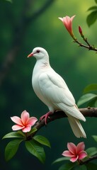 Obraz premium White dove cooing softly from its perch on a lush branch with exotic flowers, nature, wildlife,