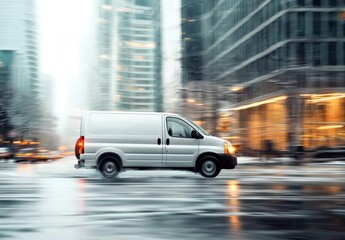 Fototapeta premium Urban setting highlights the efficiency of the white shipping van.