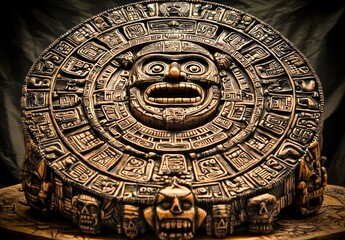 Obraz premium A majestic wooden Aztec calendar adorned with intricate ancient designs.