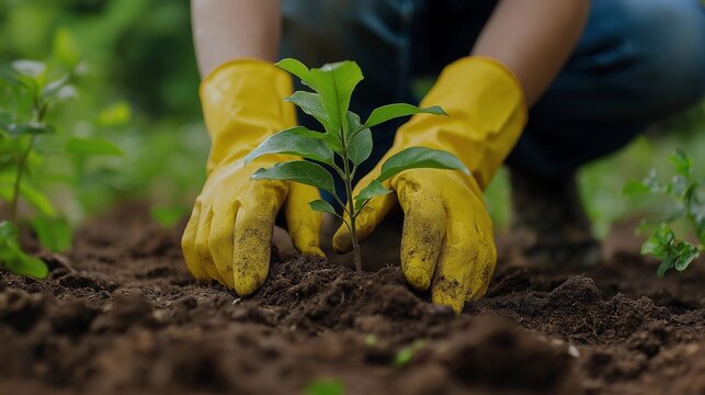 Close-up volunteer hands wearing yellow gloves plant tree sapling. Arbor Day
