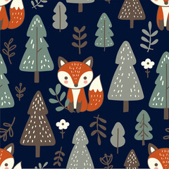 Forest seamless pattern with funny fox . Hand drawn vector illustration. For kids fabric, wrapping, textile, wallpaper, apparel. Vector illustration