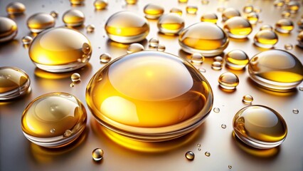 Rich oil droplets on a smooth neutral background, showcasing hydration and skincare luxury. Ideal for beauty brands featuring facial oils, body serums, or essential oils