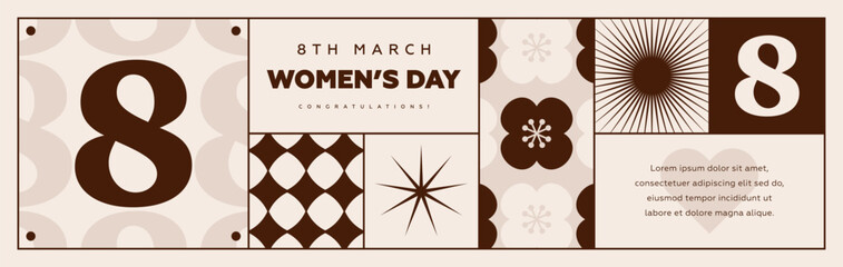 International women's day horizontal web banner, flyer or greeting card design template with modern geometric elements and number 8. Vector illustration