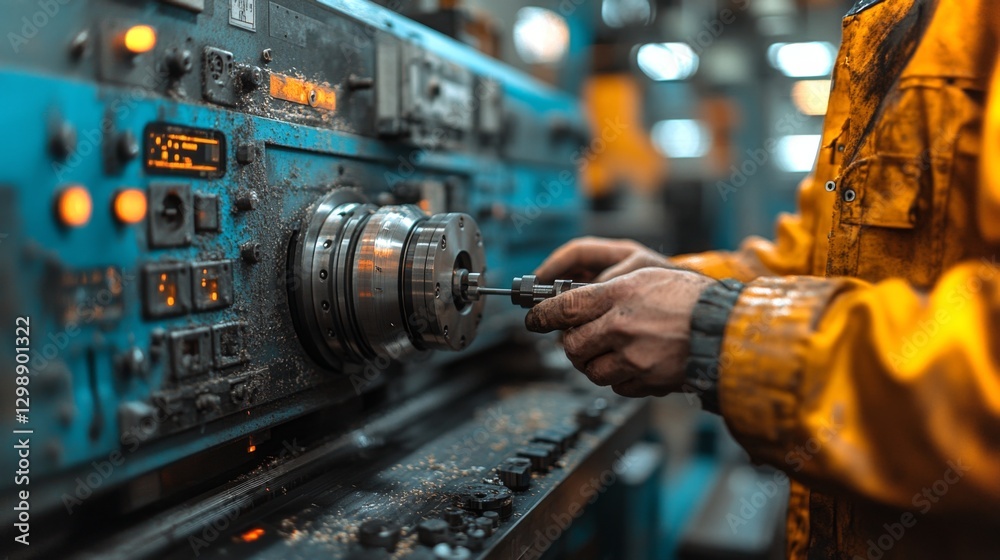 Aufkleber in a busy industrial workshop, a technician focuses on precision work while operating a large machin