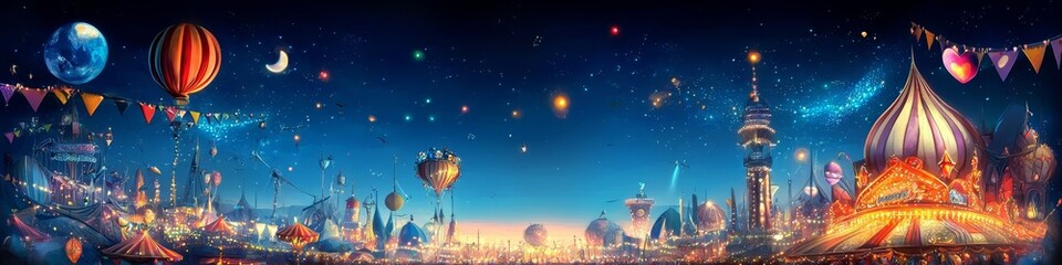 Colorful carnival banner featuring vibrant designs and decorations.