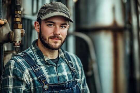 In a workshop setting, a plumber in a cap and overalls holds special equipment, with smoke gently rising in the textured environment around them.