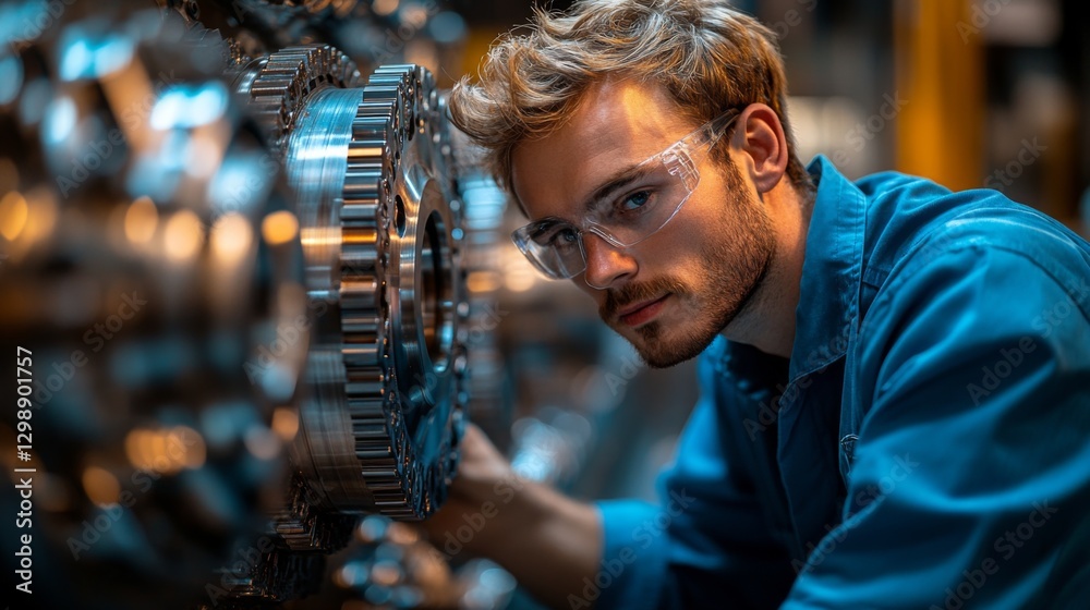 Aufkleber a technician in protective eyewear examines intricate machinery components in a bustling factory. th