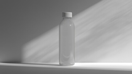 A clear plastic water bottle standing on a white surface with soft shadows.