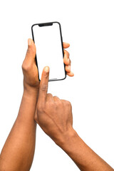 Hand holding a smartphone in portrait orientation with a blank screen, while a finger taps on it. Perfect for app mockups, UI/UX demonstrations, social media concepts, and digital interactions.