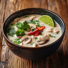 Tom Kha soup in a rustic bowl
