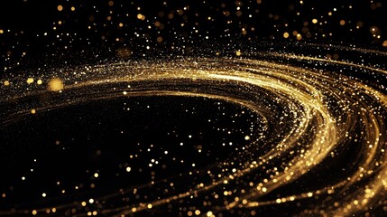 Magic golden light circles, glittering fairy trail, shiny swirl effect, black transparent background
