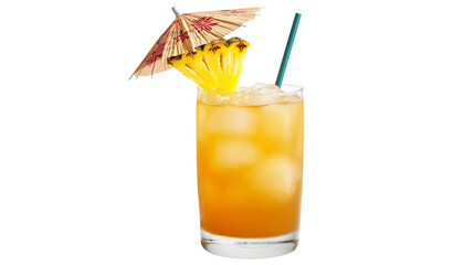 Summer cocktail in a stylish glass with pineapple garnish and a paper umbrella, tropical drink, isolated on white background, PNG format