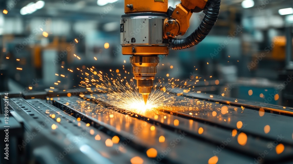 Poster a robotic arm equipped with a laser cutter is actively engaged in cutting metal sheets in a busy man