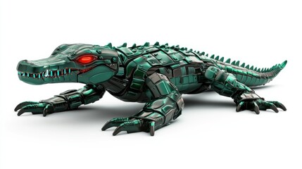 Obraz premium Metallic teal robot crocodile on white background