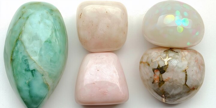 Colors of cacholong, chrysoprase, opal, and rose calcite displayed neatly together