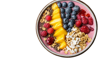 Smoothie bowl with exotic fruits, coconut flakes, and granola, healthy beachside breakfast, isolated on white background, PNG format 