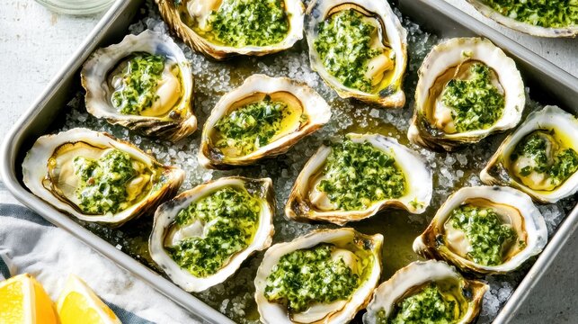 A platter of baked oysters topped with a green herb mixture, served on ice, with lemon wedges for a flavorful seafood dish.