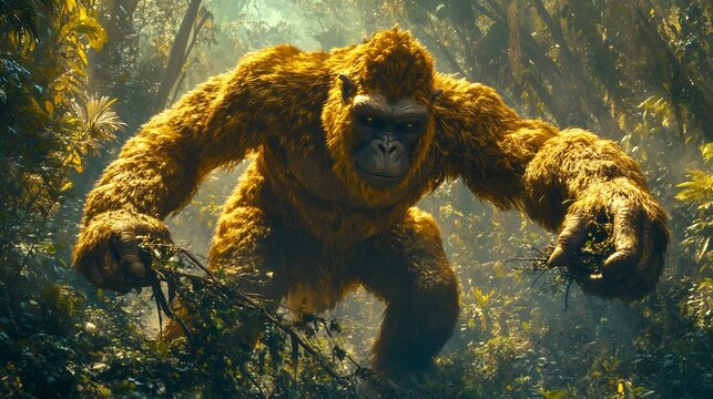 Towering Gigantopithecus moving through an ancient jungle its golden fur shining in the dappled sunlight massive hands pulling down branches for food