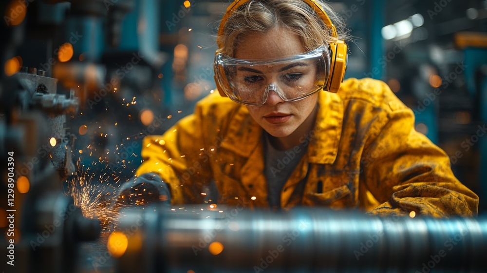Poster a skilled worker in a yellow safety jacket uses machinery for metalworking, focusing intently as spa