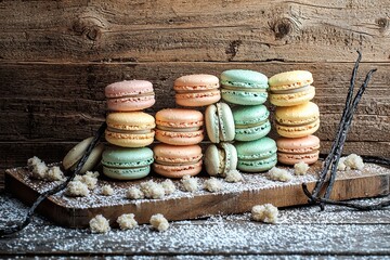 Colorful macarons arranged on a wooden board with sugar and vanilla beans in a cozy kitchen setting