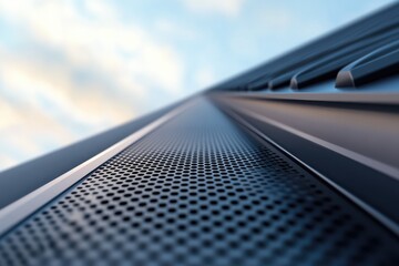 minimalistic stock photo of modern roof gutter system with perforated protective cover designed to prevent debris buildup