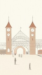 Obraz premium Beige Stone Archway With Two Clock Towers Illustration
