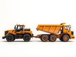Fototapeta premium Heavy construction equipment including bulldozer and dump truck on white background showcasing minimal industrial transport concept