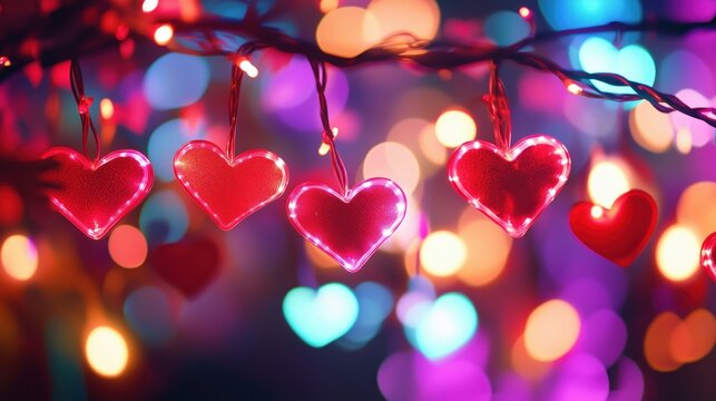 A string of heart-shaped lights glowing in vibrant colors against a blurred background.