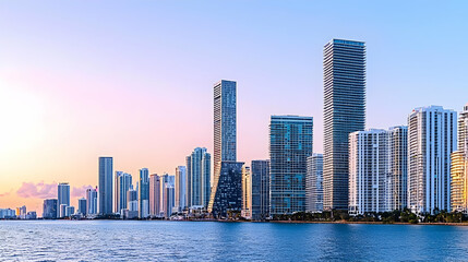 Obraz premium Coastal City Skyline At Sunset With Modern Skyscrapers Over Calm Water Surface