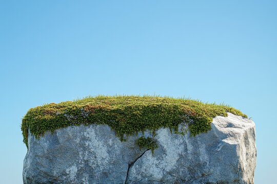 Unique rock formation covered with vibrant greenery under a clear blue sky