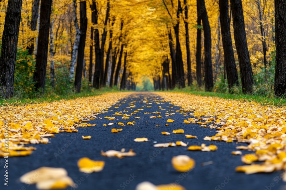 Poster a tree-lined avenue in autumn, with golden leaves covering the path and soft light filtering through