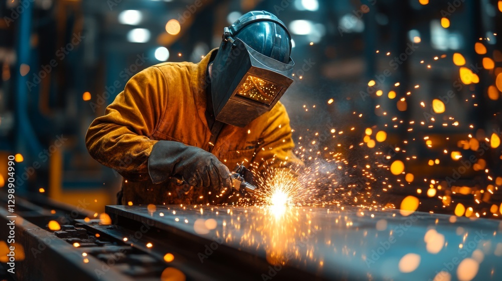 Poster a skilled worker is welding metal components in a busy manufacturing facility. sparks fly as the wor