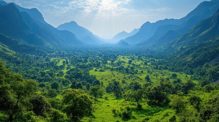 Fototapeta premium A panoramic view of a mountainous landscape featuring rolling hills and steep cliffs under a partly cloudy sky.