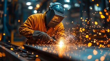 A skilled worker is welding metal components in a busy manufacturing facility. Sparks fly as the worker focuses on the task, showcasing advanced industrial techniques in production.