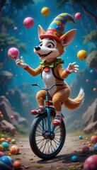 Fototapeta premium Joyful celebration of a cheerful dog character riding a unicycle through a magical forest filled with colorful balloons