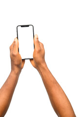 Two hands holding a smartphone in portrait mode with a blank screen, isolated on a transparent background. Ideal for showcasing apps, social media, digital marketing, e-commerce.
