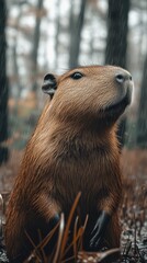 Obraz premium Capybara stands under light rain in a forest during autumn showcasing its natural habitat and behavior