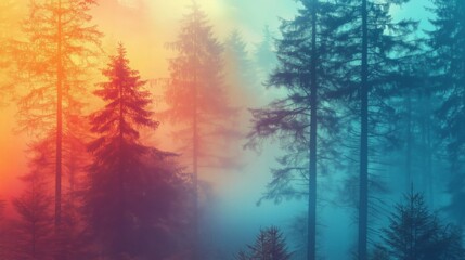 Obraz premium A vibrant forest scene with colorful mist enveloping tall trees in shades of orange, blue, and green.
