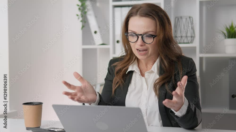 Aufkleber a professional woman participates in a virtual meeting, using expressive gestures to communicate her