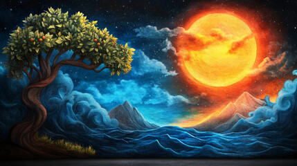 vibrant landscape featuring stylized tree with oranges, dramatic waves, and large sun against starry sky. scene blends elements of nature and fantasy, evoking dreamlike atmosphere