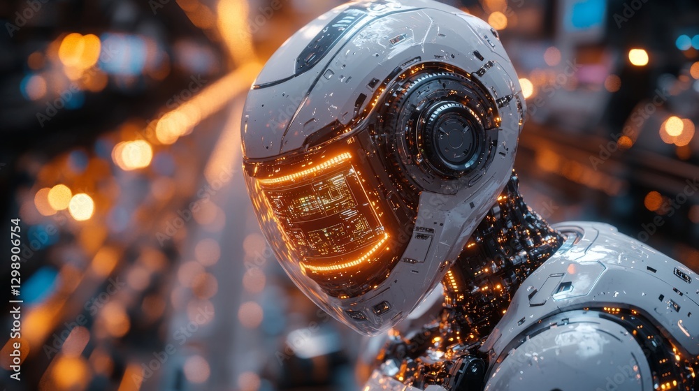 Poster A futuristic robot stands prominently within a high-tech factory, highlighting advancements in engineering and automation. The intricate design showcases glowing elements and sophisticated technology.