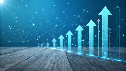 Growth chart arrows on wooden floor, digital business concept